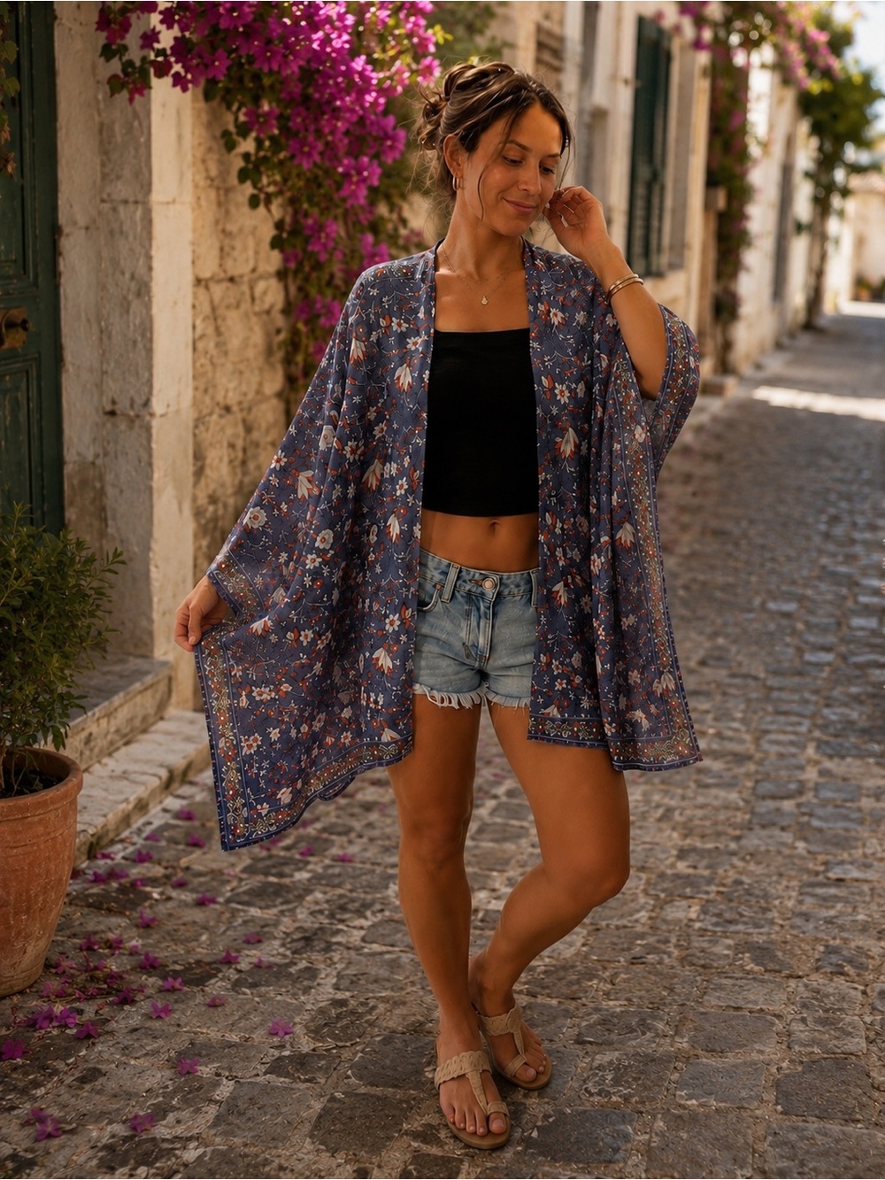 Japna Blue Floral Boho Open Front Kimono/ Cardigan/ Cover Up One Size/ Free Size - Picture 2 of 5